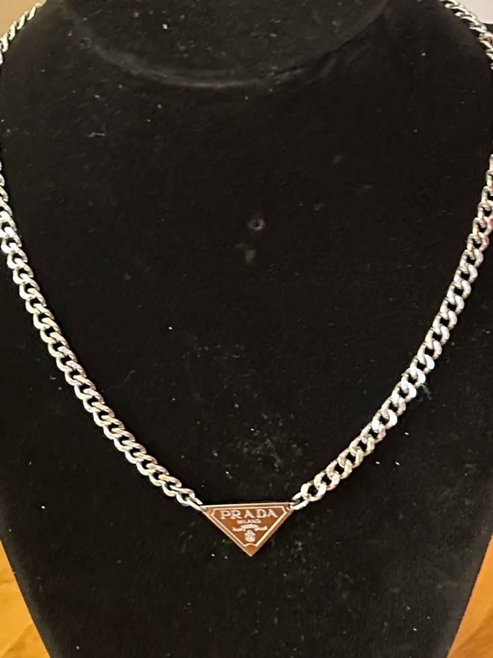 Prada authentic Silver Chain Necklace with Triangle Logo 15” chain with 2” exten